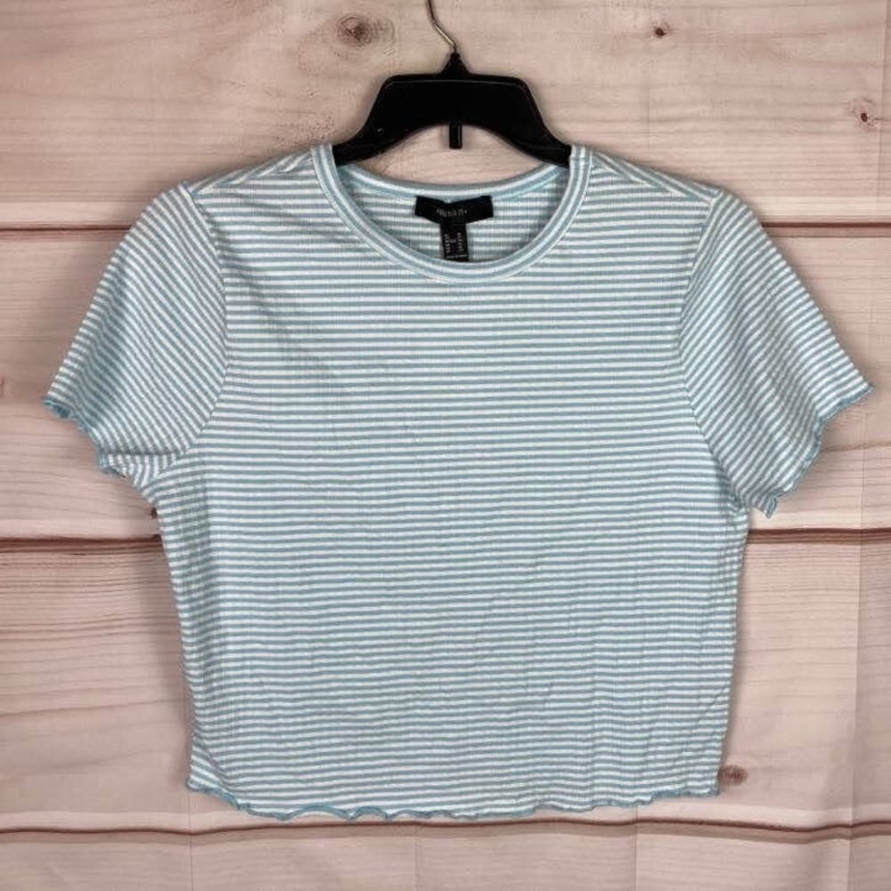 Forever 21 Top Womens 3X Plus Crop Stripe Lettuce Hem Blue White Short Sleeve
